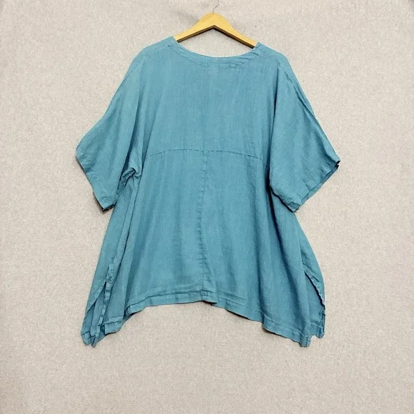 Match Point USA Linen Tunic Top Teal Boho Lagenlook Womens XL Oversized *Flaw - Picture 2 of 7